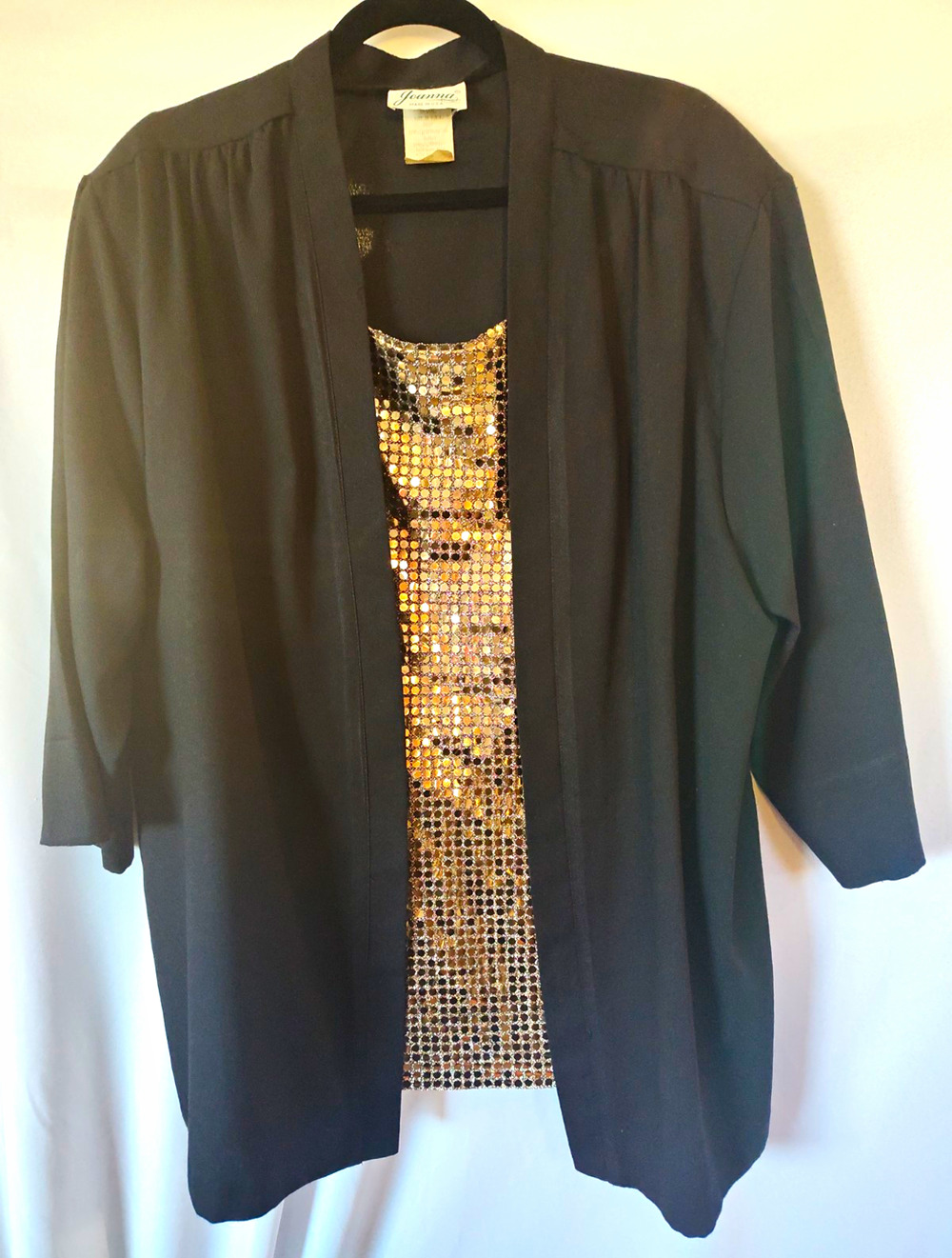 Joanna 20W Black Gold Chiffon Solid V-Neck Open Front 3/4 Sleeve Sequin Blouse